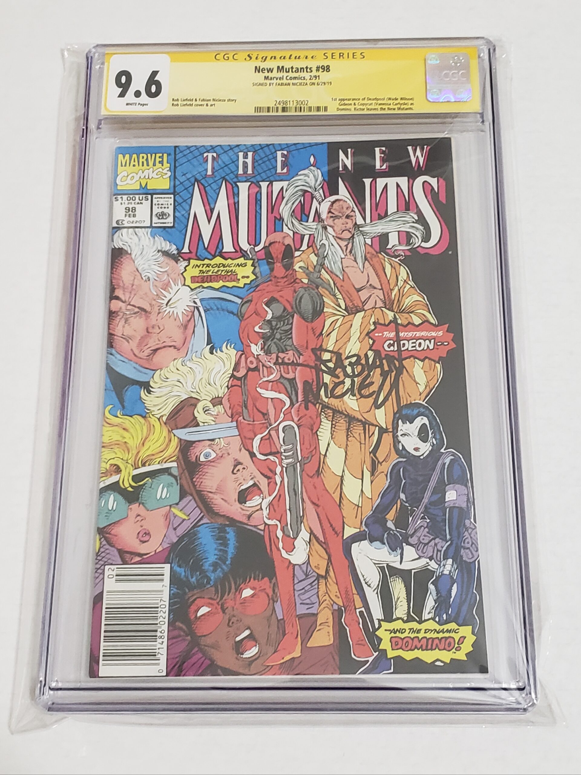 New Mutants #98 First Appearance of Deadpool CGC 9.6 Newsstand signed by Fabian Nicieza.
