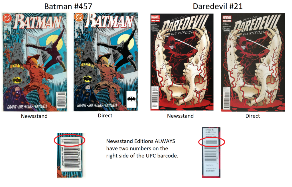 Examples of newsstand and direct editions of Batman #457 and Daredevil #21.